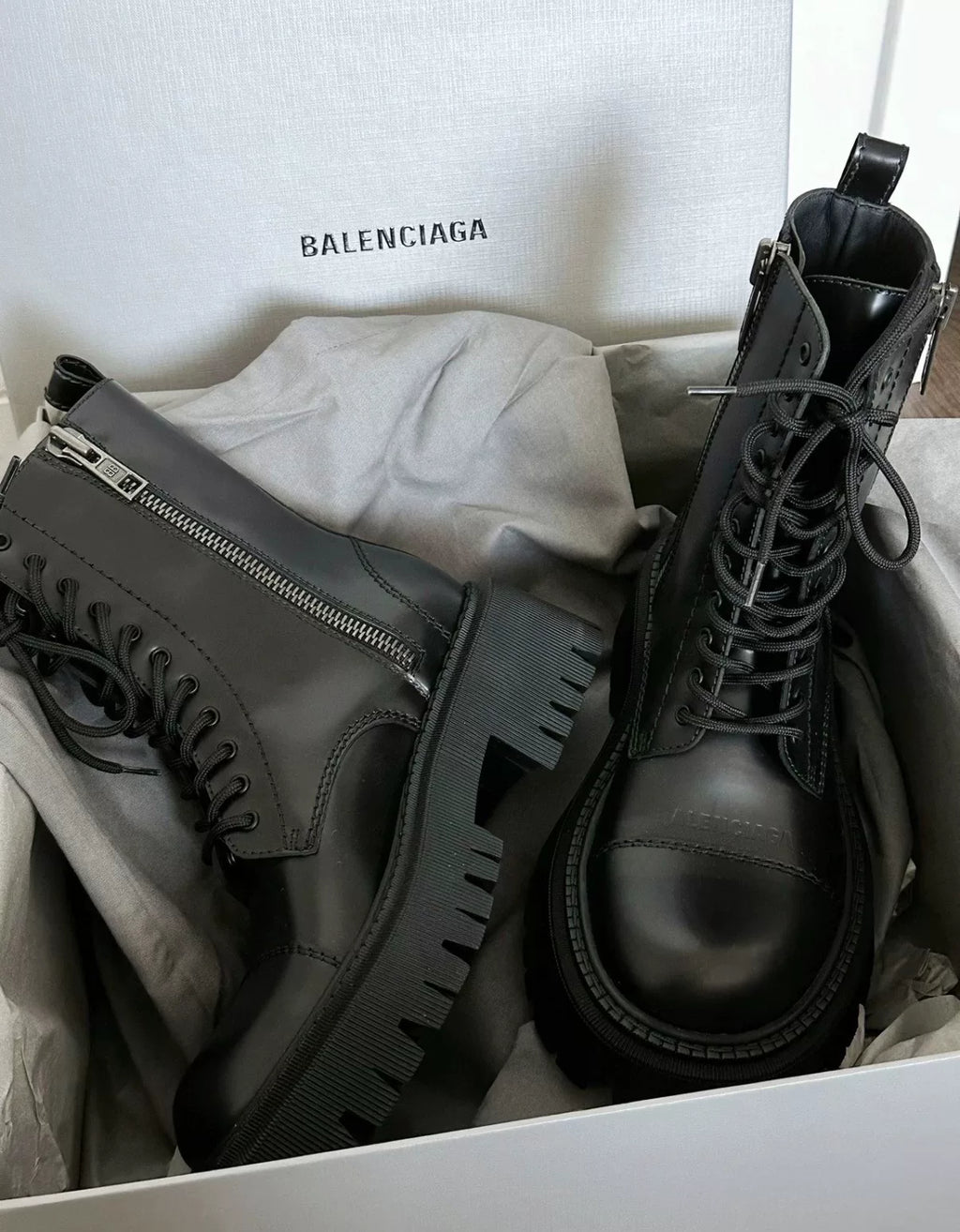 Balenciaga Double-Zip Black Round-Toe Leather Shoes Martin Boots