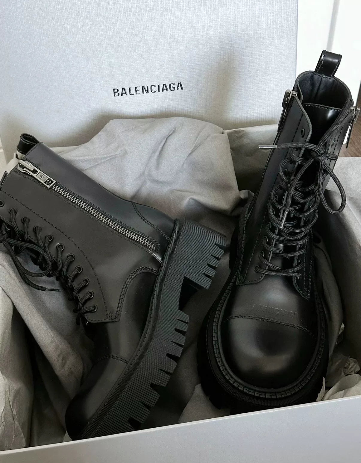 Balenciaga Double-Zip Black Round-Toe Leather Shoes Martin Boots