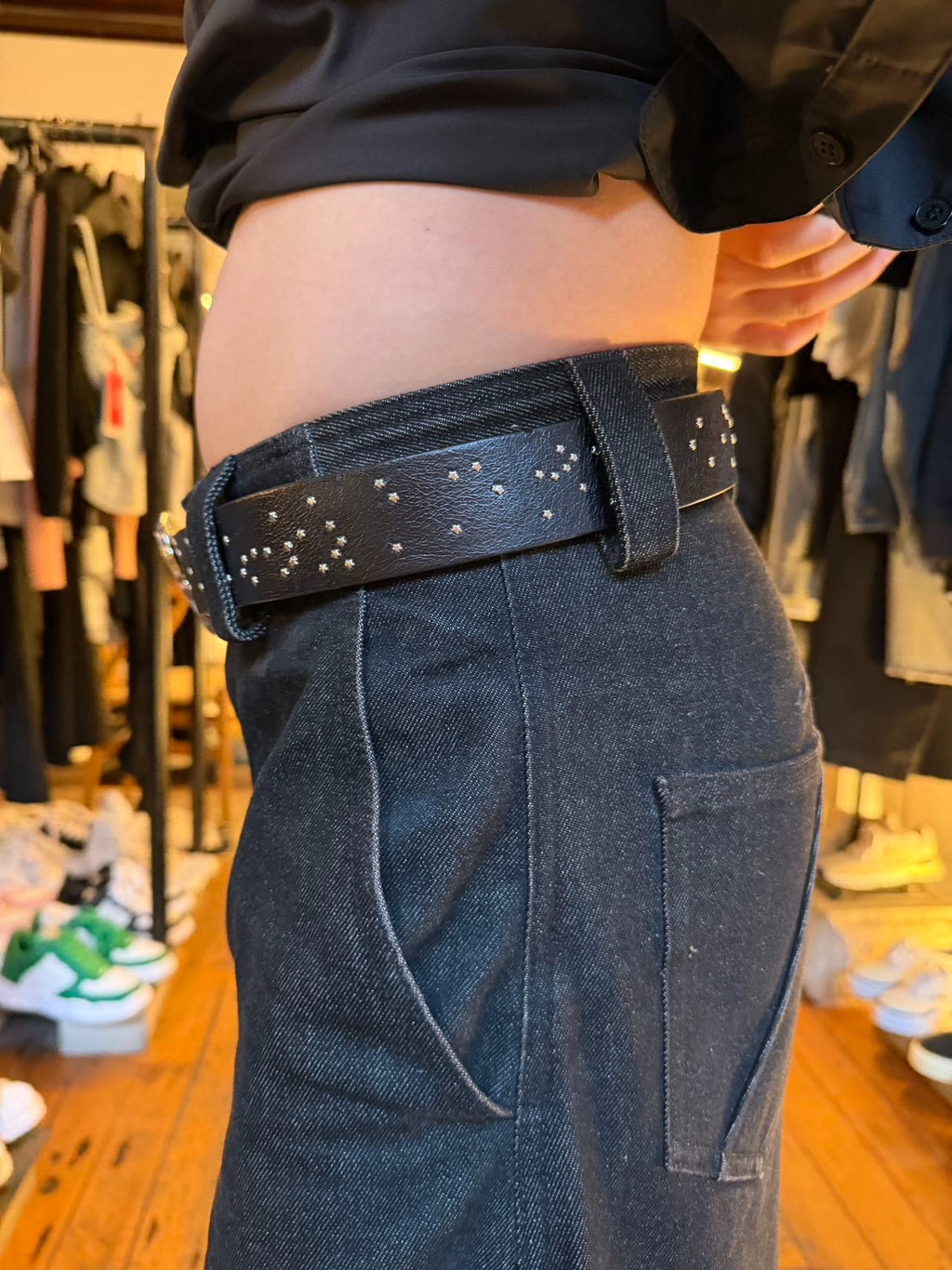 Alexander McQueen Black Star Studded Silver Skull Buckle Leather Belt