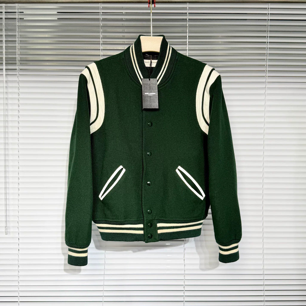 Saint Laurant Varsity Wool Teddy Green Jacket