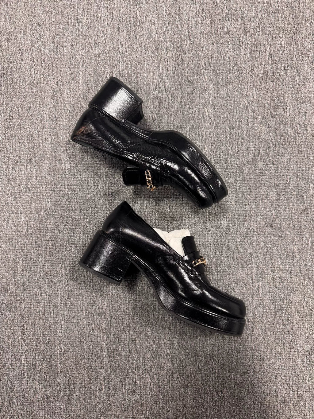 Chanel Black Gold Patent Leather Loafers
