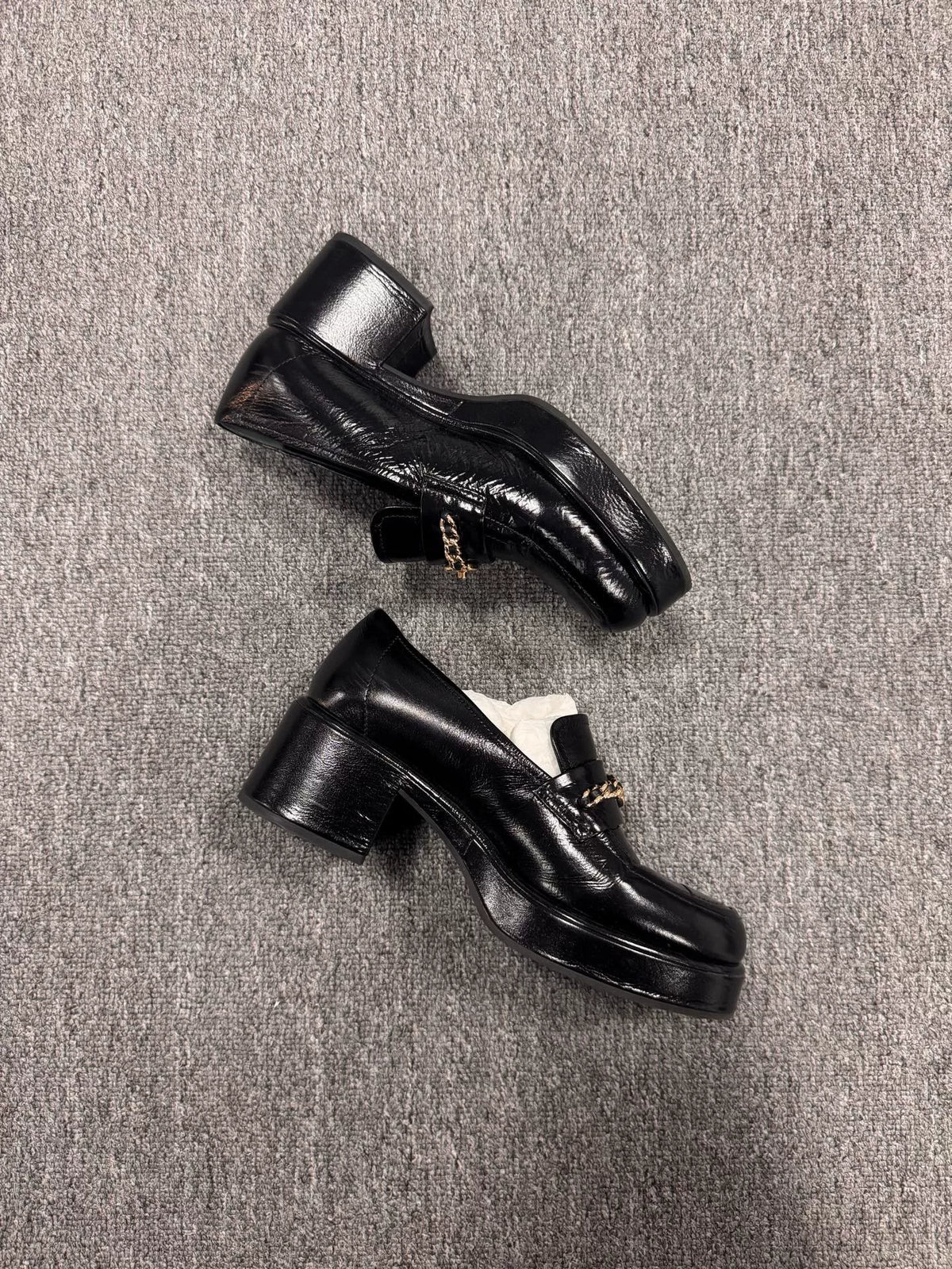 Chanel Black Gold Patent Leather Loafers