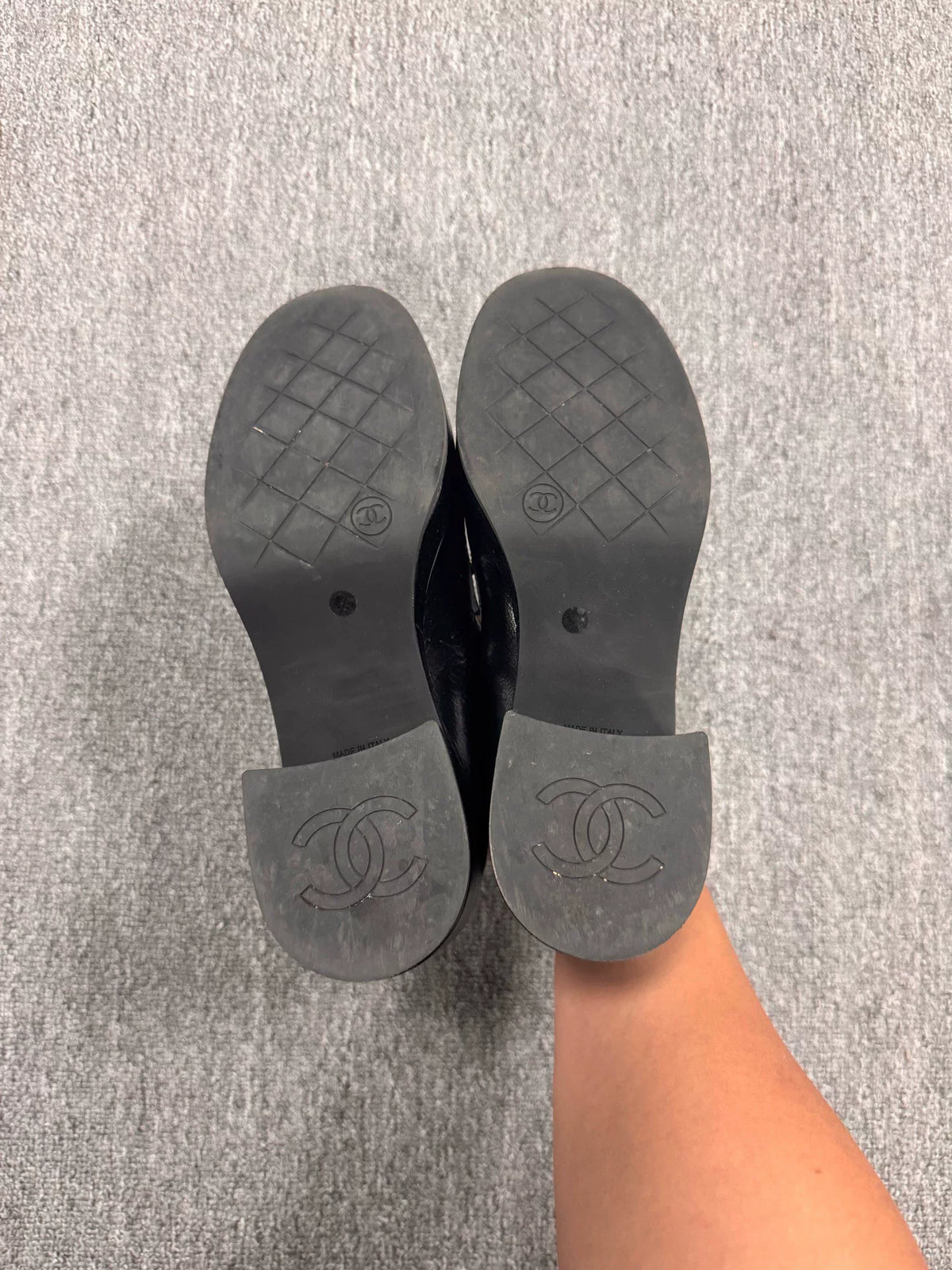 Chanel Black Gold Patent Leather Loafers