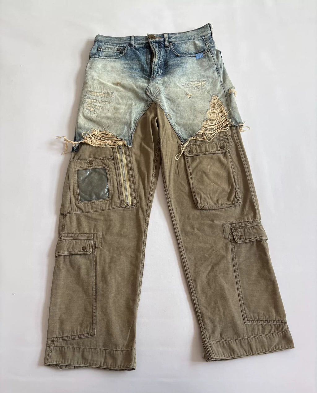 MIHARA YASUHIRO Black Cyber Polka Dot Panel Distressed Denim Cargo Trousers
