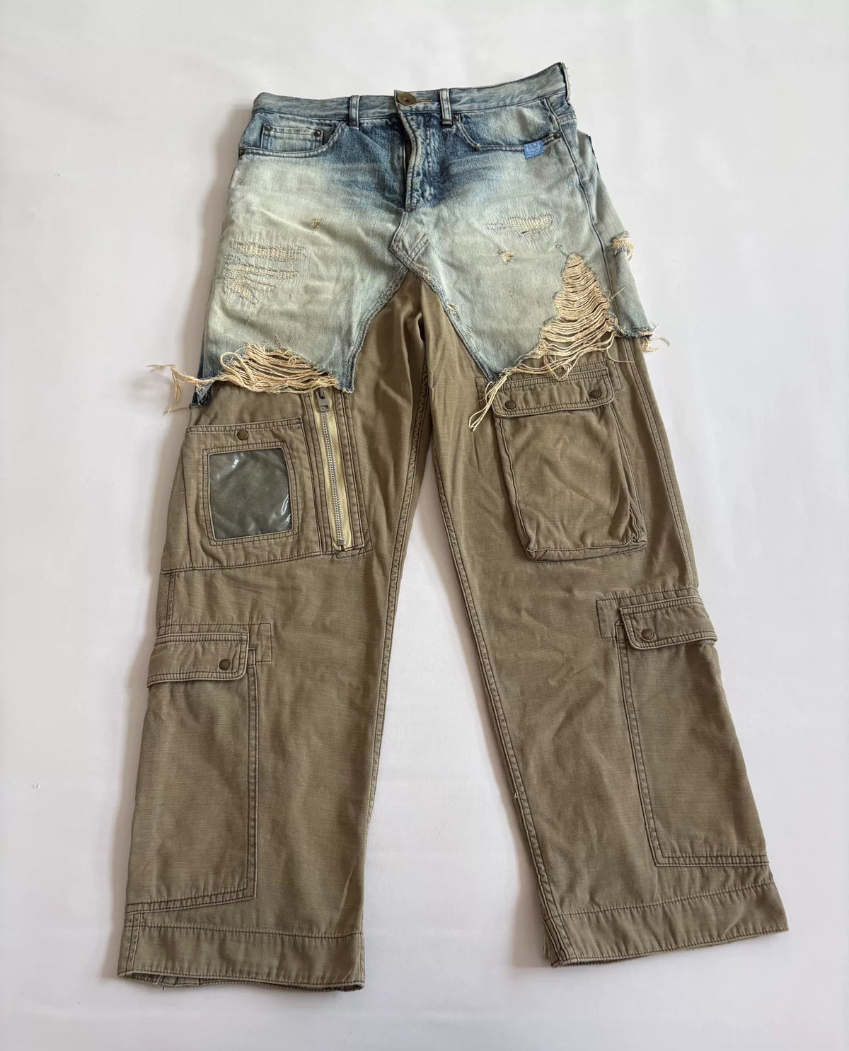 MIHARA YASUHIRO Black Cyber Polka Dot Panel Distressed Denim Cargo Trousers