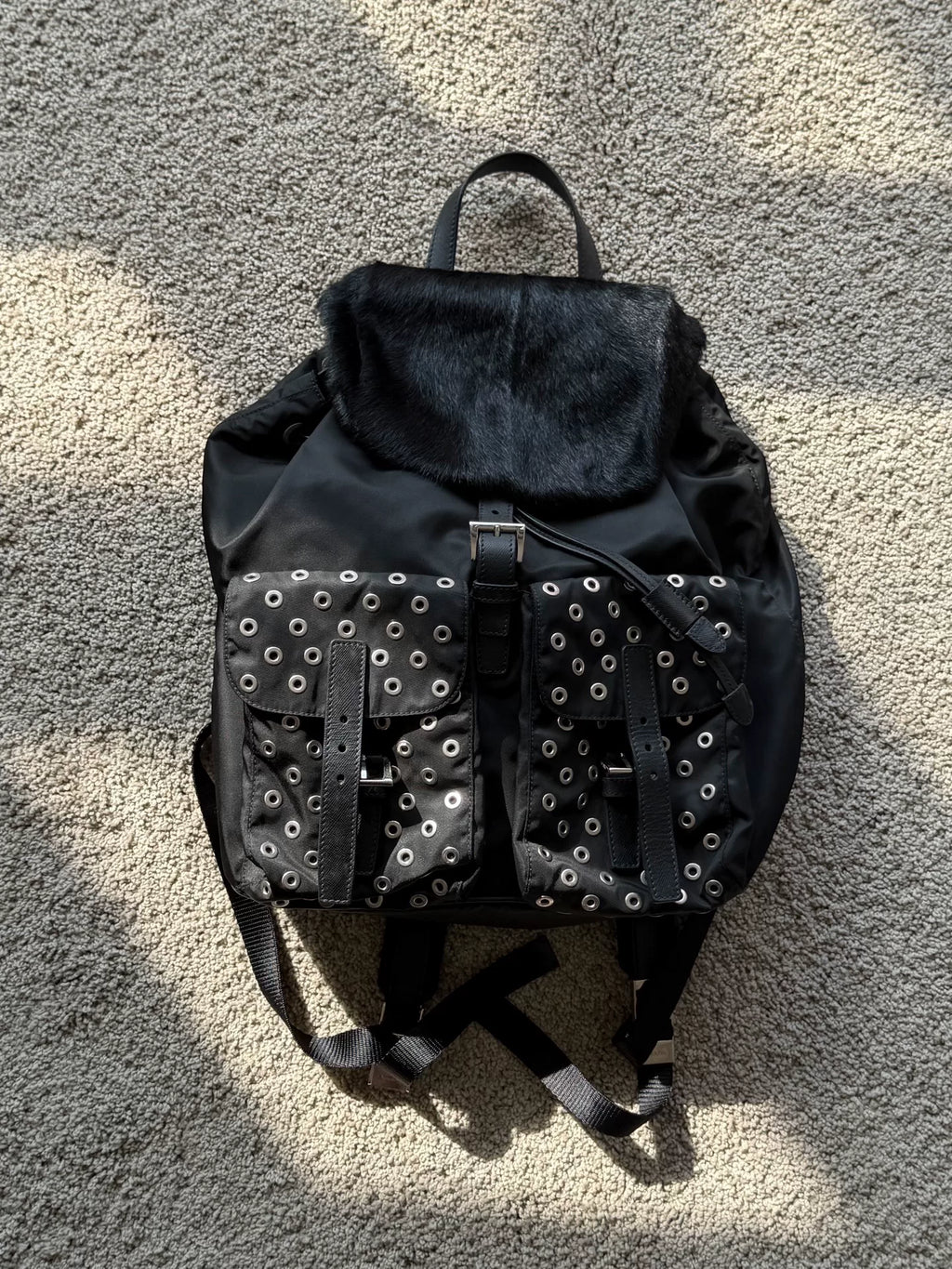 Prada Grommet Fur Tessuto Backpack