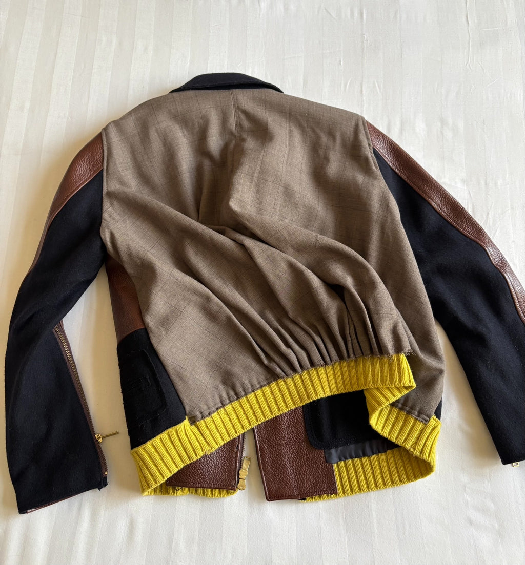 Undercover Zip Panel Leather Deconstructed Pleated Plaid Knit Jacket