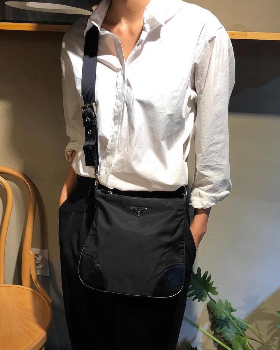 Prada Nylon Pieced Leather Crossbody Black Bag