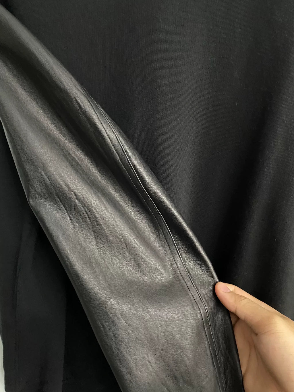 Rick Owens mainline stand-up collar leather sleeve patchwork zip-up jacket