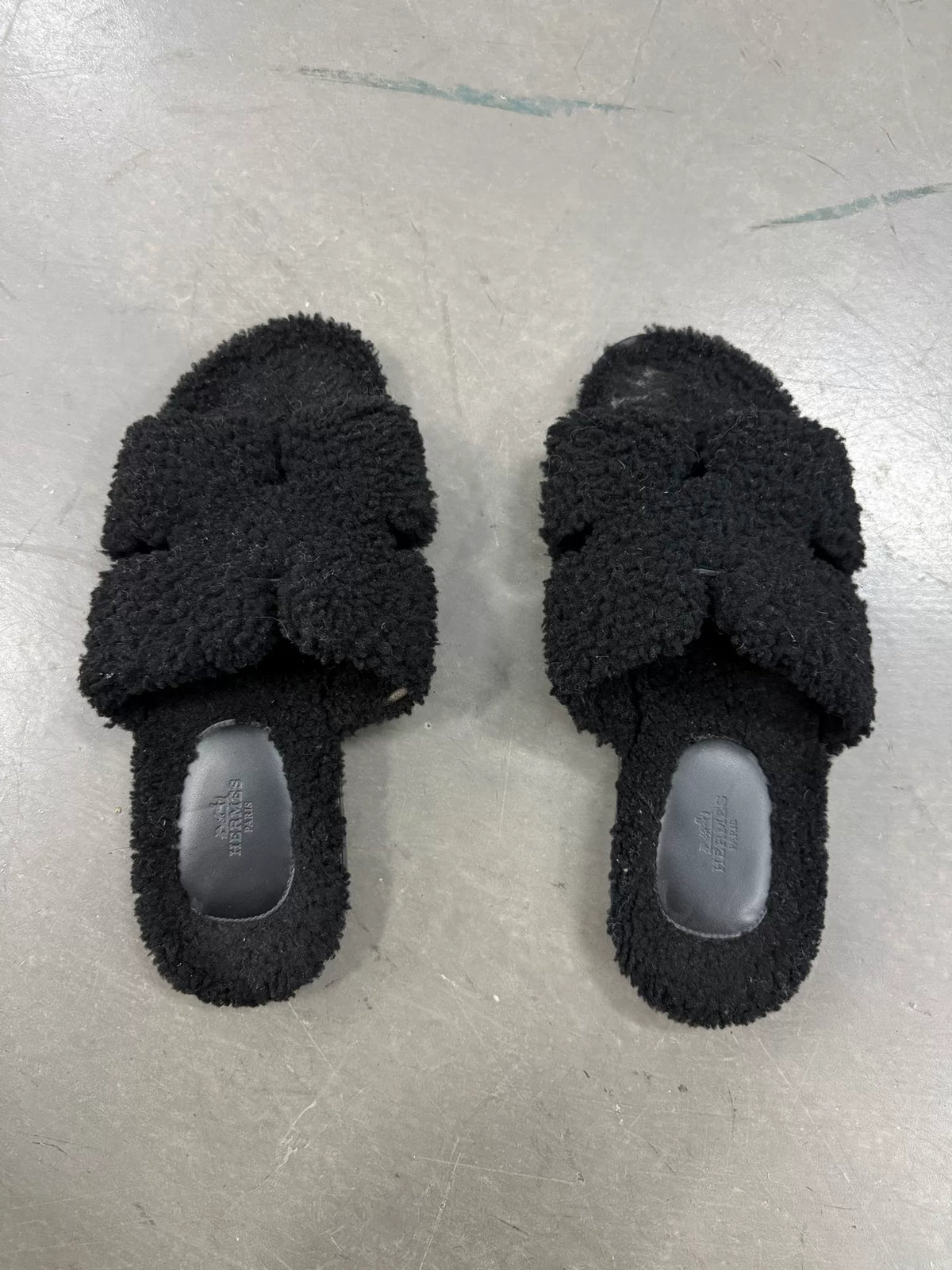 Hermes Black Fur Slides