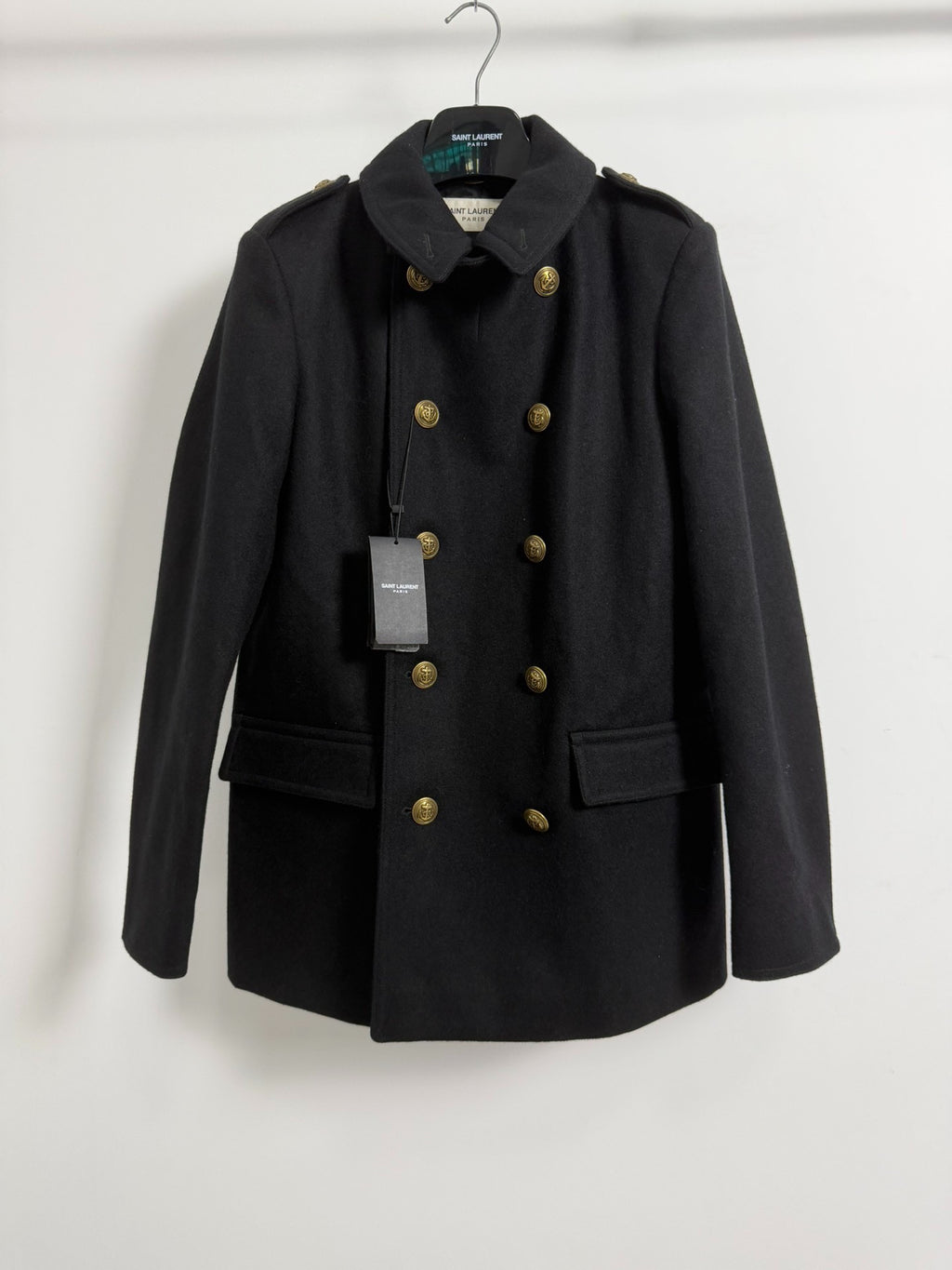 Saint Laurent Slp13fw Gold Anchor Button Black Wool Coat