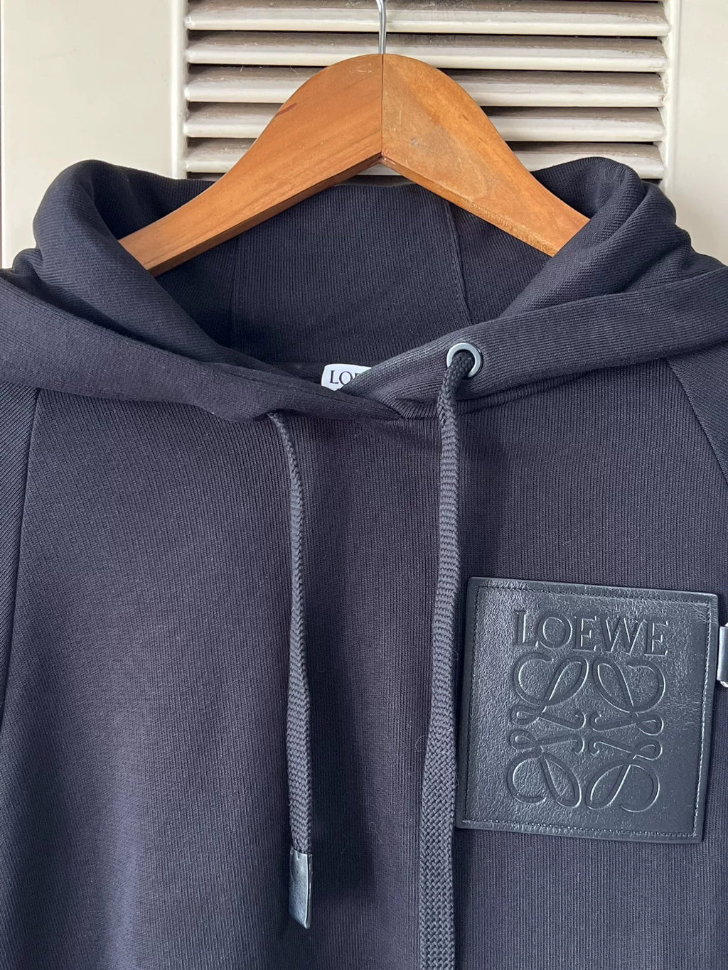 Loewe Leather Logo Cropped Black Hoodie