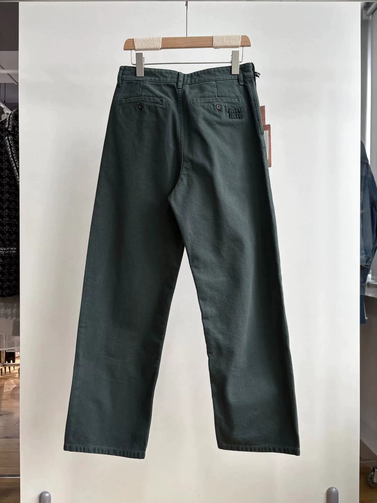 MiuMiu logo Vintage Dark Green Embroidered Cotton Jeans