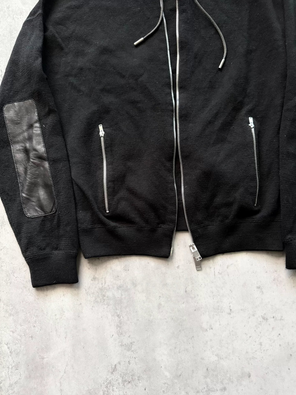 Saint Laurent Paris 13SS Black Leather Elbow Patch Detachable Hood Zip-Up Hoodie by Hedi Slimane
