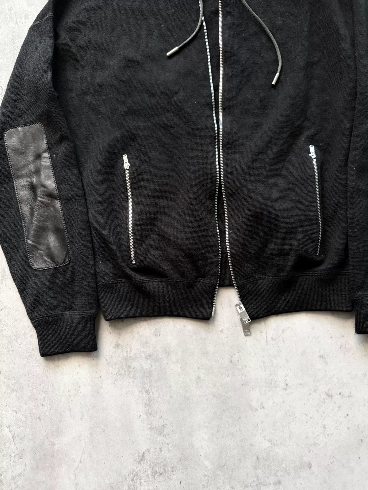 Saint Laurent Paris 13SS Black Leather Elbow Patch Detachable Hood Zip-Up Hoodie by Hedi Slimane