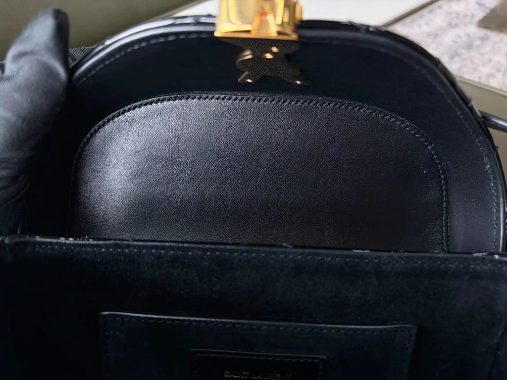 Saint Laurent Black Gold Buckle Quilted Patent Leather Box Bag