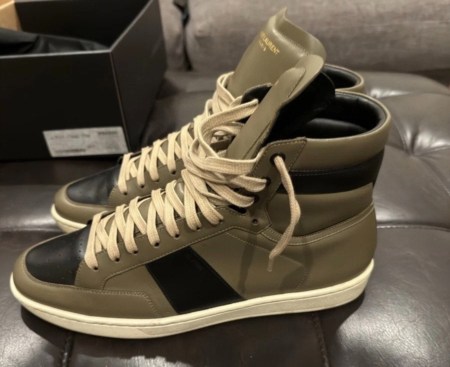 Saint Laurent Paris SL10H Black Olive Green high top Sneakers