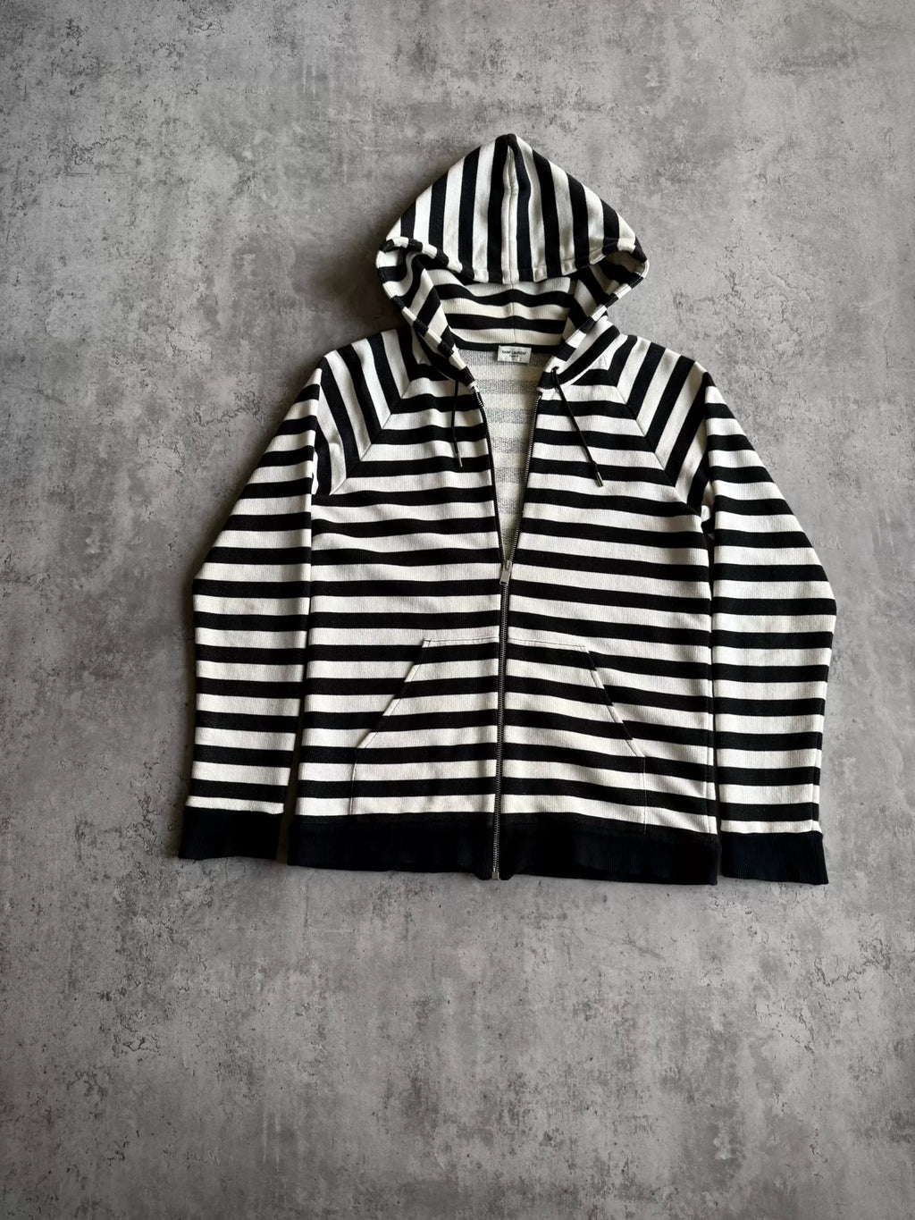 Saint Laurent Paris AW15 Black White Striped Zip-Up Hooded Sweater by Hedi Slimane