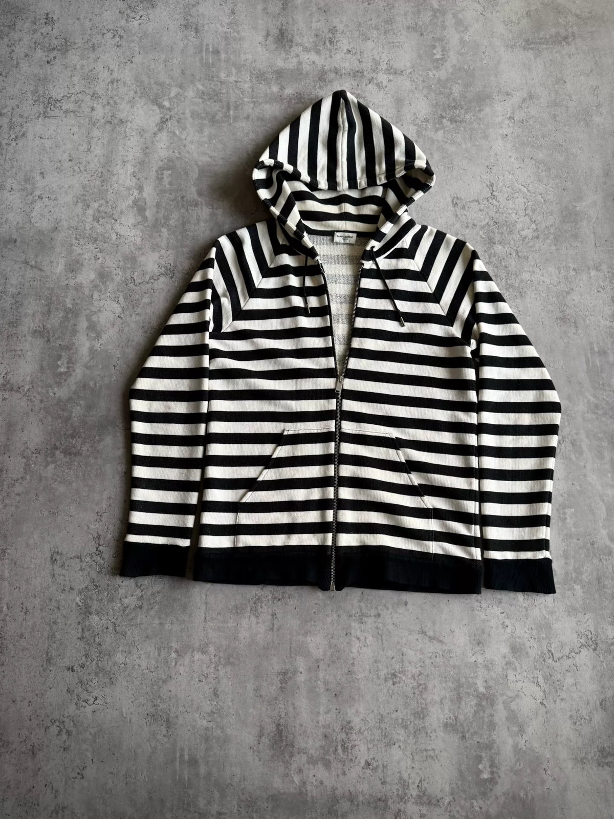 Saint Laurent Paris AW15 Black White Striped Zip-Up Hooded Sweater by Hedi Slimane
