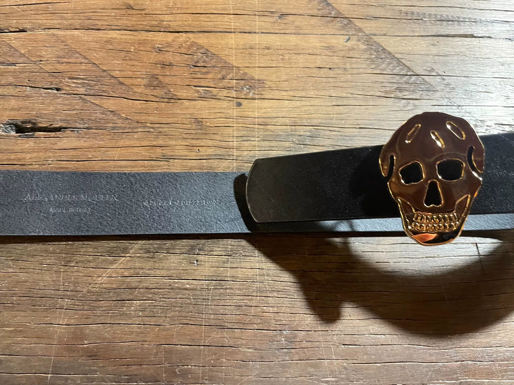 Alexander McQueen Black Gold Skull Calfskin Belt