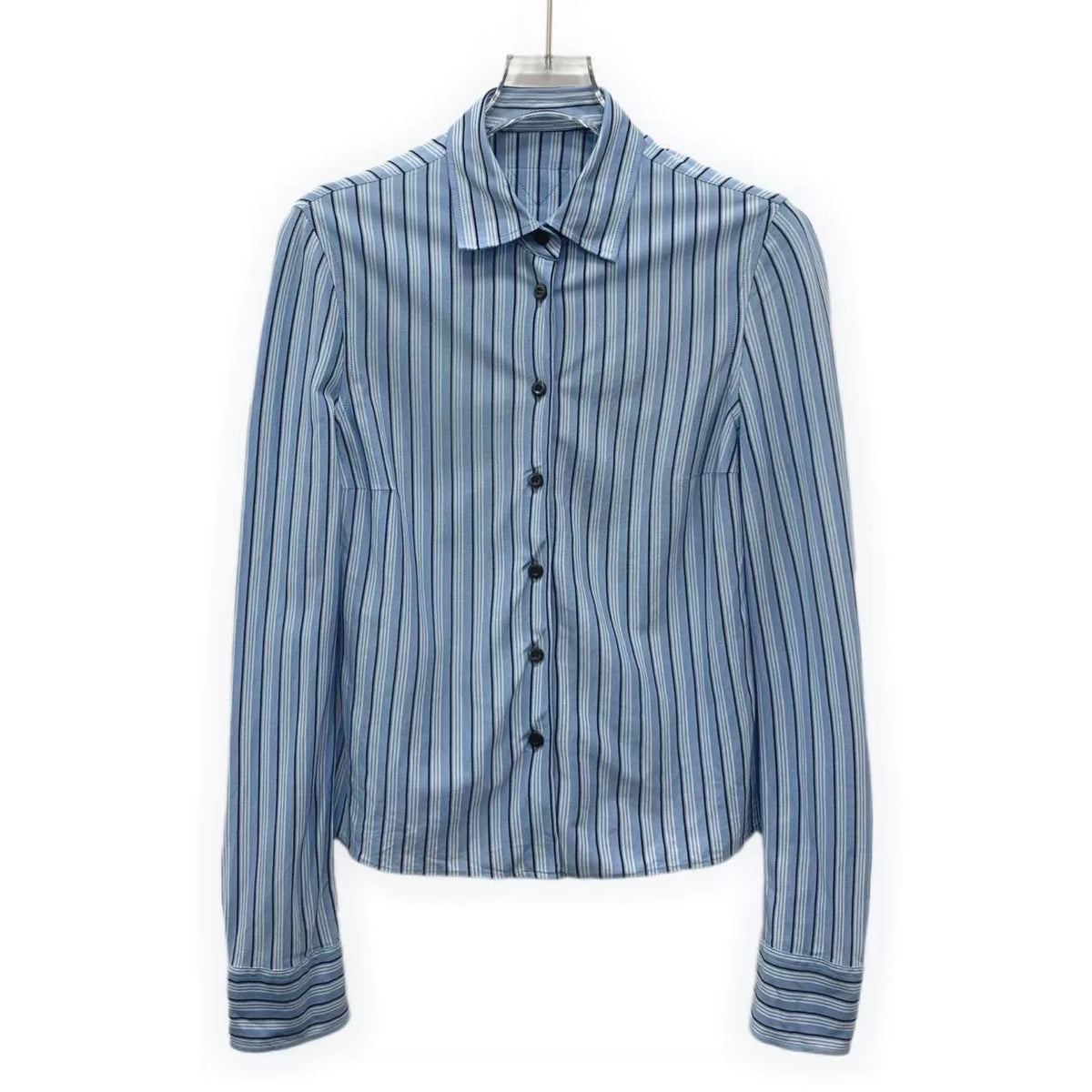 Prada Blue Vertical Stripe Collared Single-Breast Cotton Long-Sleeve Shirt