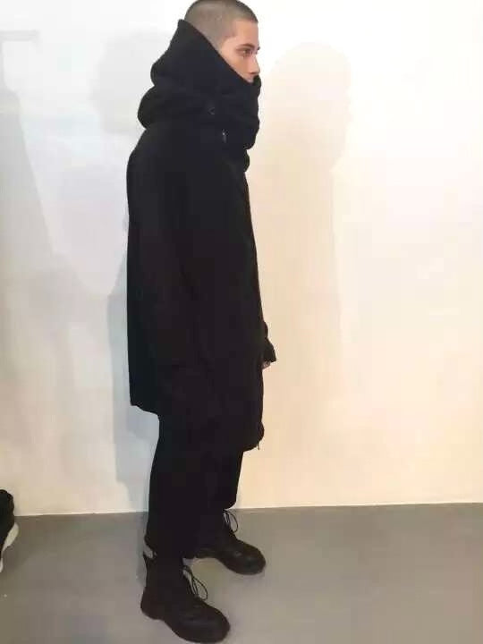 Julius FW16 Black Diagonal Zip Collared Long Hooded Beast Mixed Fiber Coat