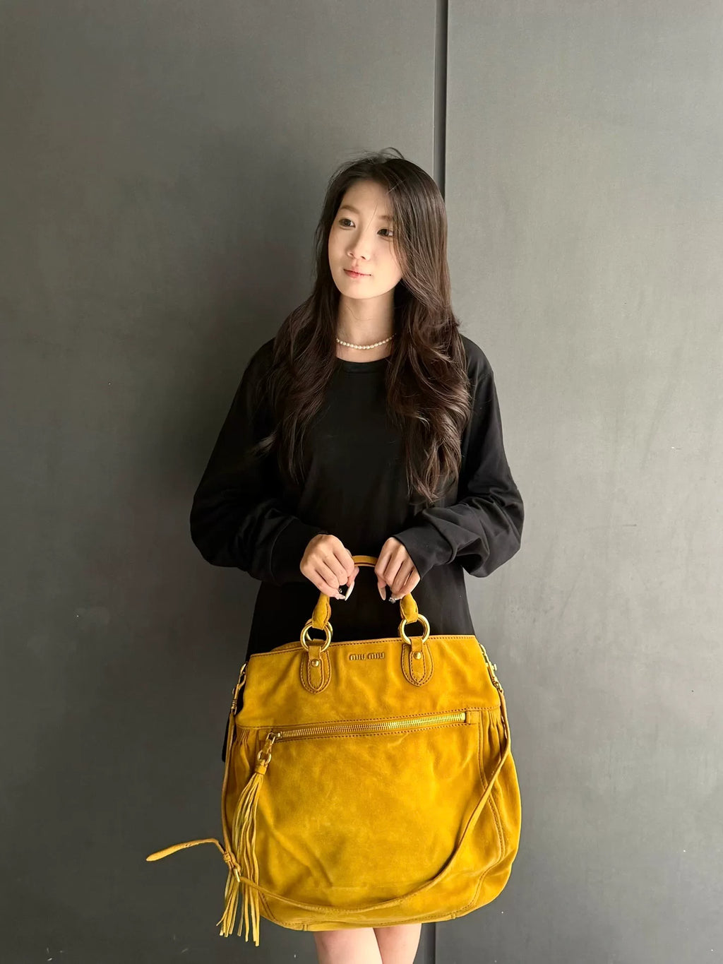 MiuMiu Glace Calf Tassel Suede Crossbody Bag