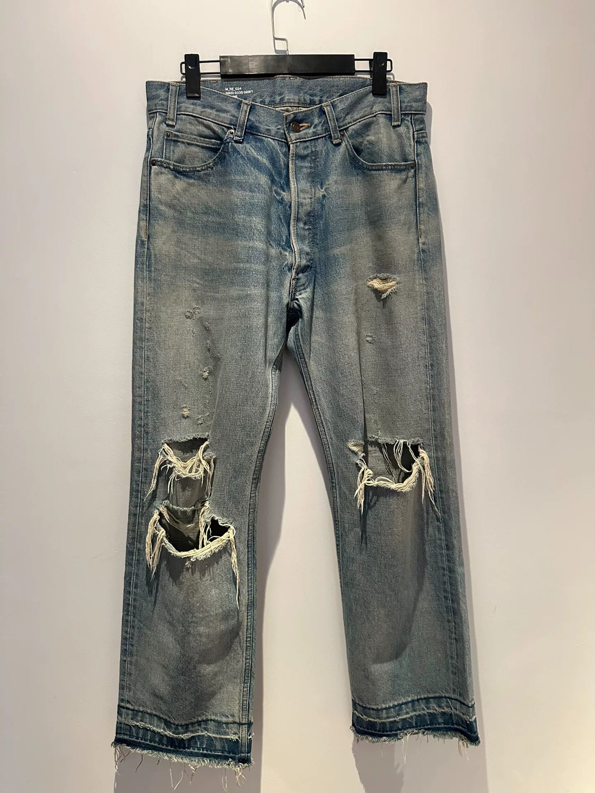 Celine Wesley ice blue knife-cut distressed vintage jeans