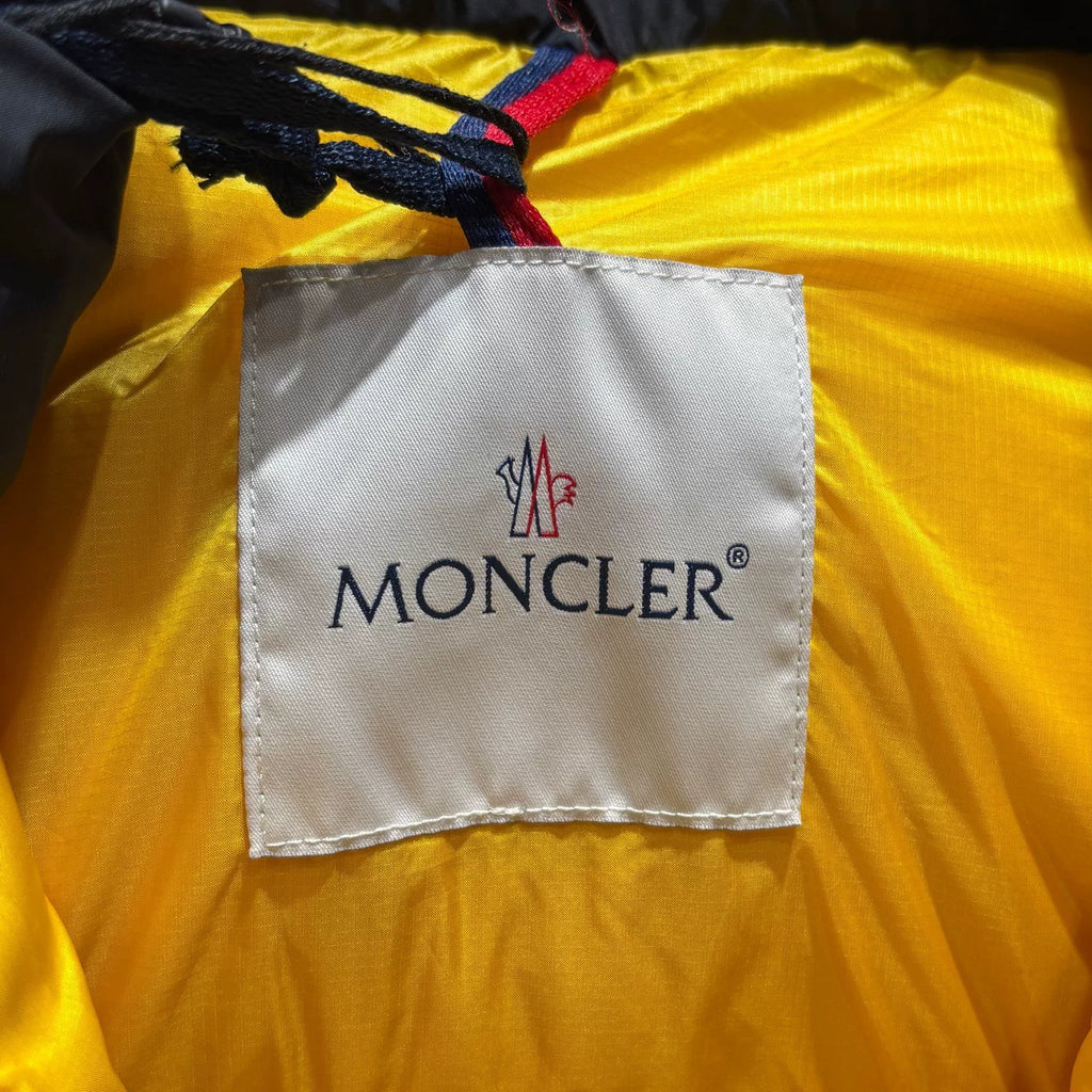 Moncler PEUPLIER Yellow Letter Print Webbing Colorblock Hidden Hood Nylon Down Jacket
