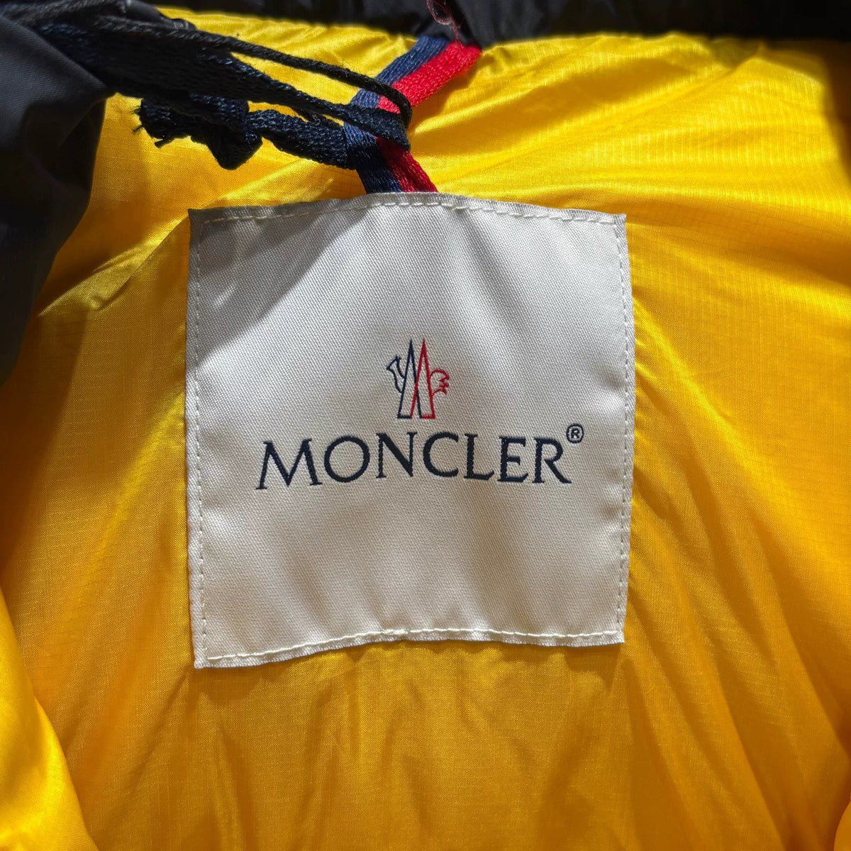 Moncler PEUPLIER Yellow Letter Print Webbing Colorblock Hidden Hood Nylon Down Jacket
