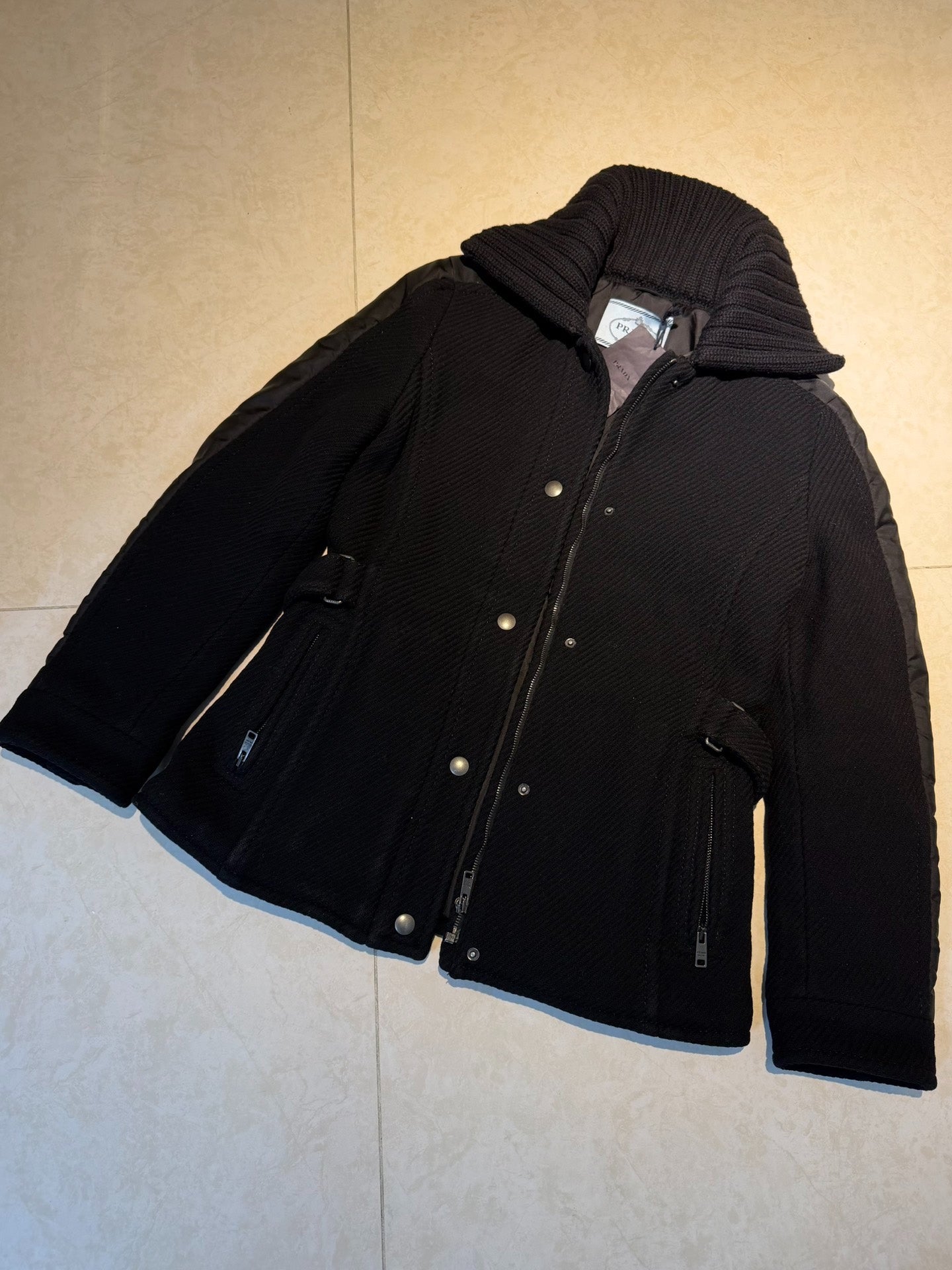 Prada Knit Turtleneck Nylon Zip Wool Flannel Jacket