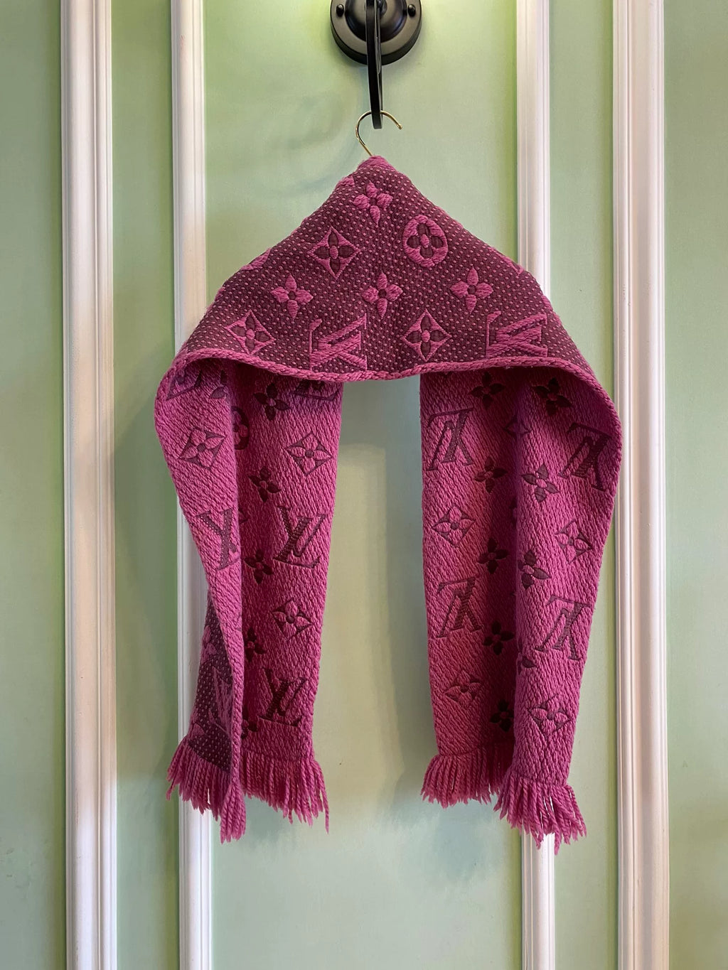 Louis Vuitton Pink Monogram Wool Silk Fringe Scarf