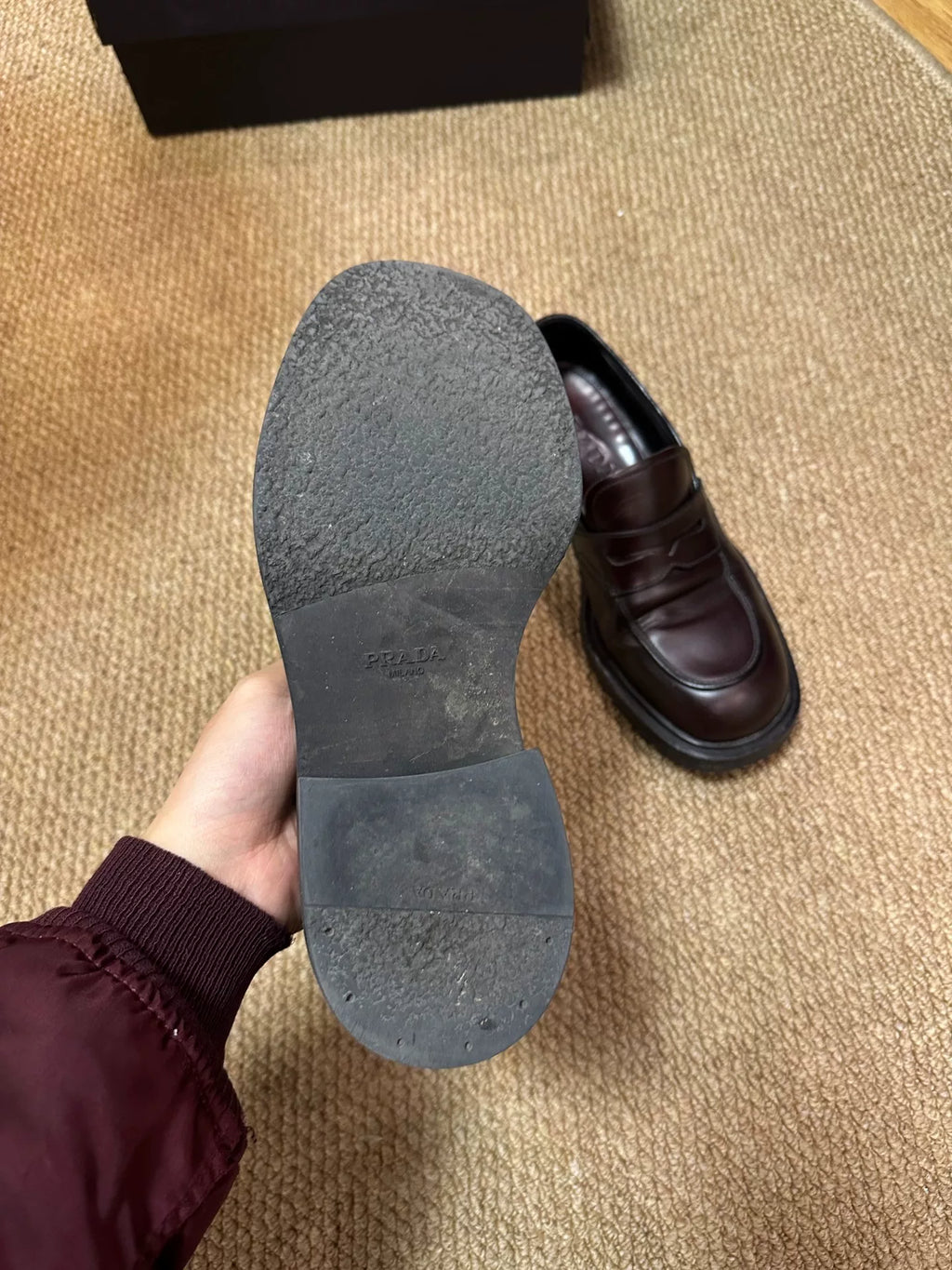 Prada Frankenstein Square-Toe Burgundy Loafers