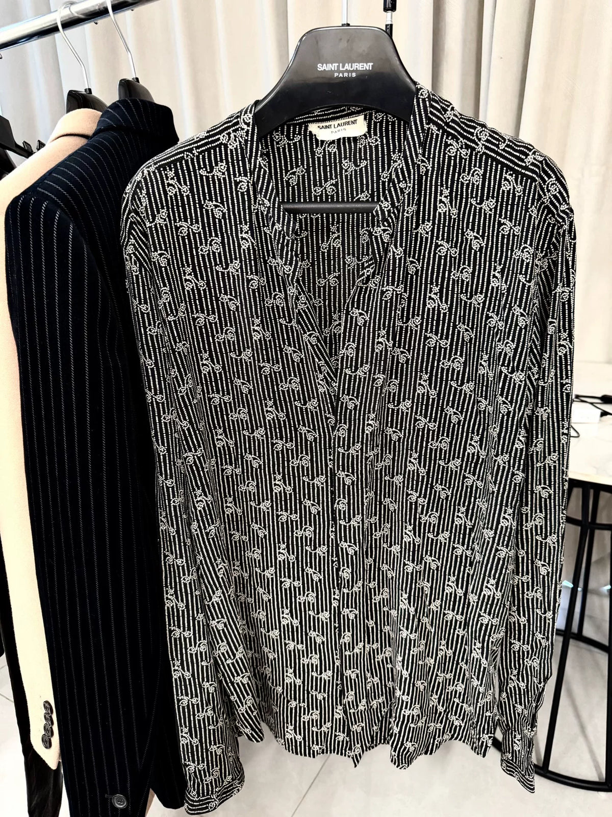 Saint Laurent Paris SS18 Black Paisley Polka Dot Striped Silk Shirt