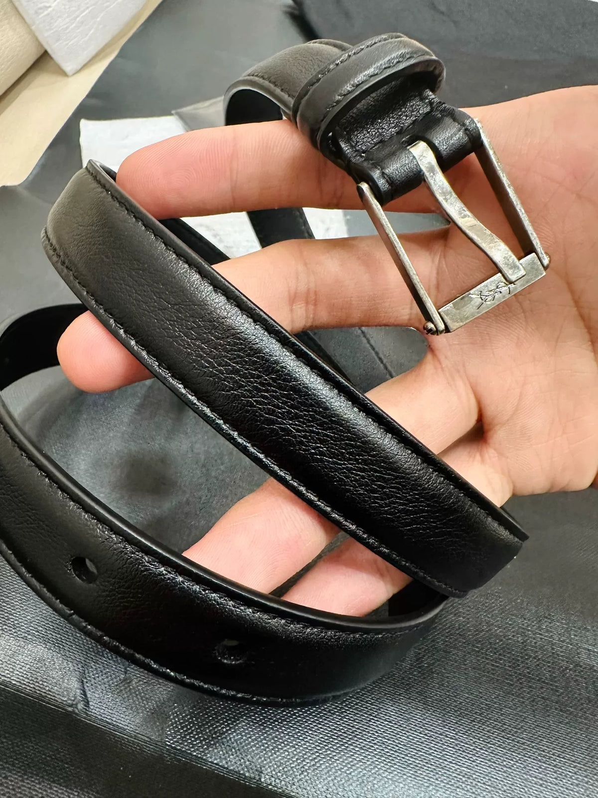 Saint Laurent Silver Oval-Buckle Leather Belt