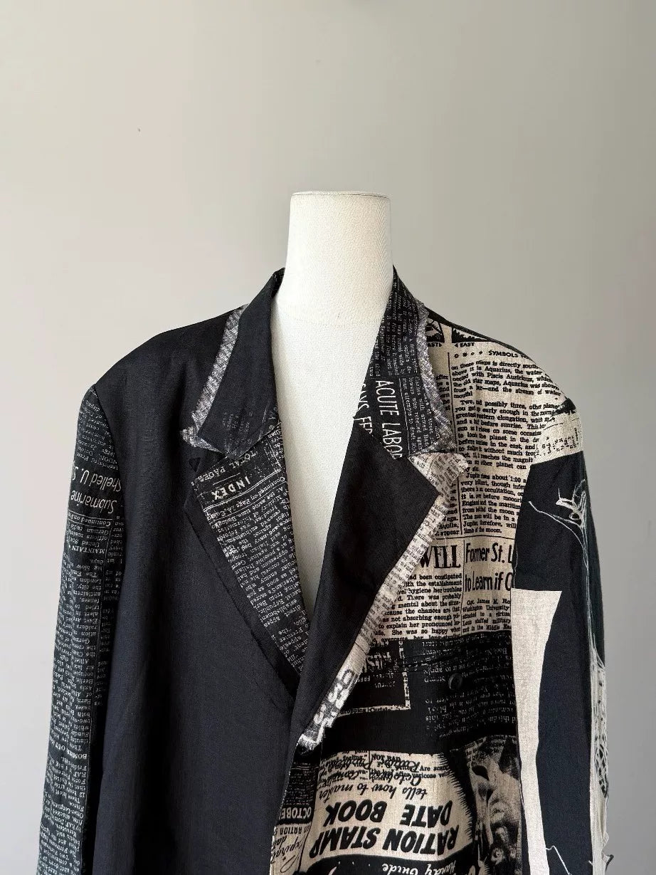 Yohji Yamamoto Black Newspaper Print Asymmetric Linen Coat
