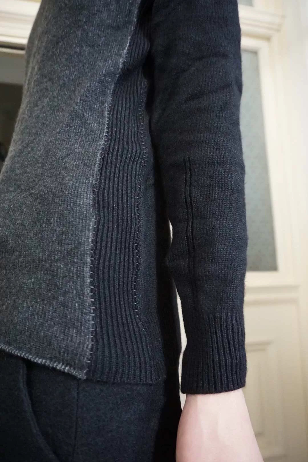 Layer-0 FW18 Grey Black Hand-Stitched Patchwork Cashmere Silk Sweater