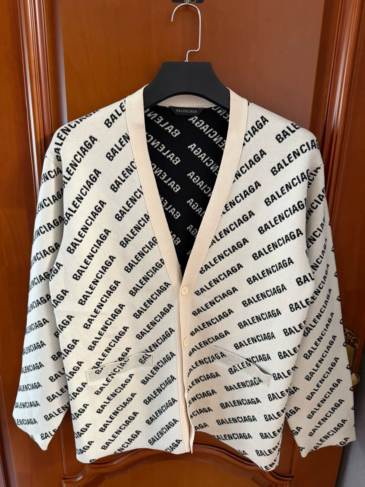 Balenciaga White All-Over Letter Print Wool Cardigan