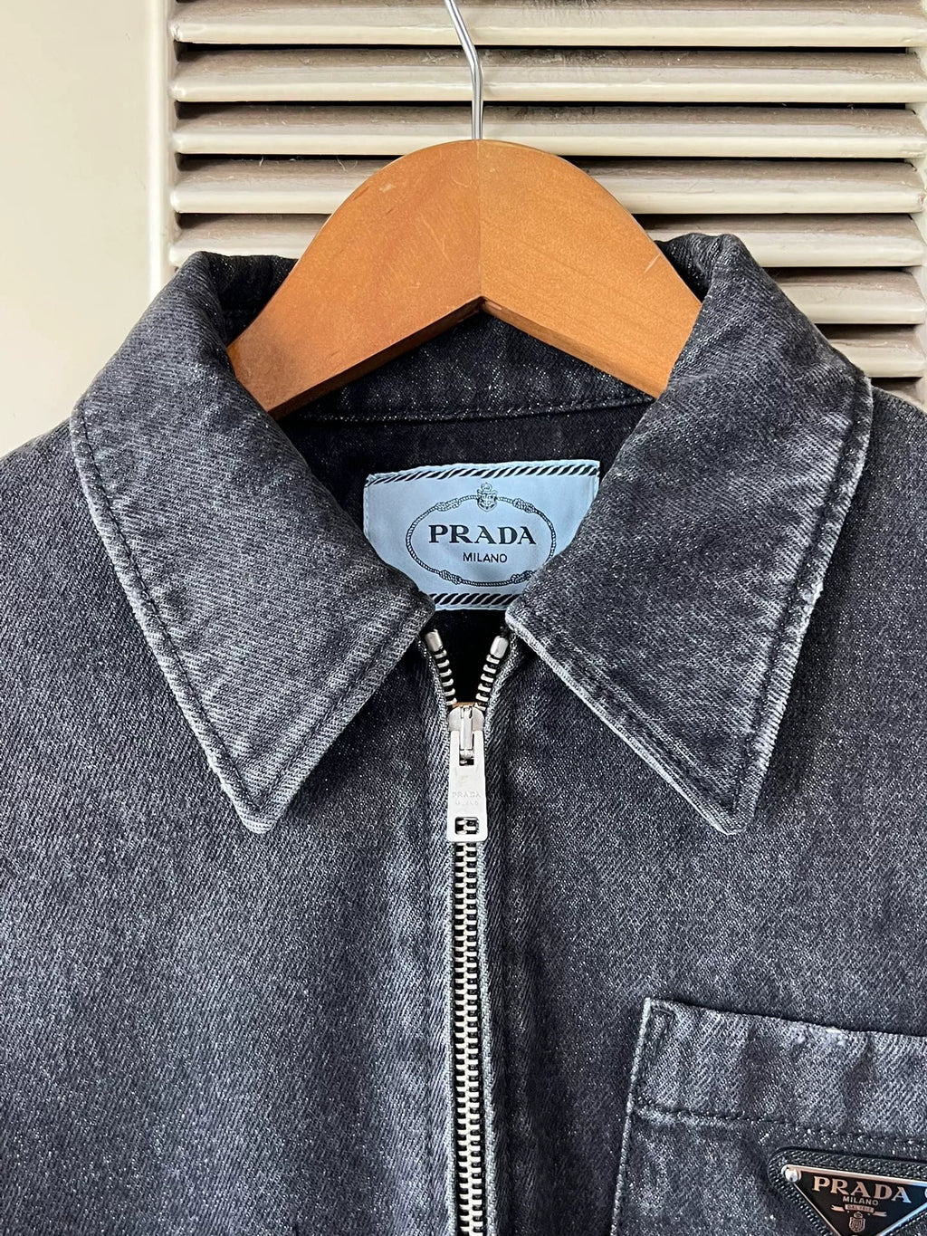 Prada Gray Denim Triangle Logo Jacket