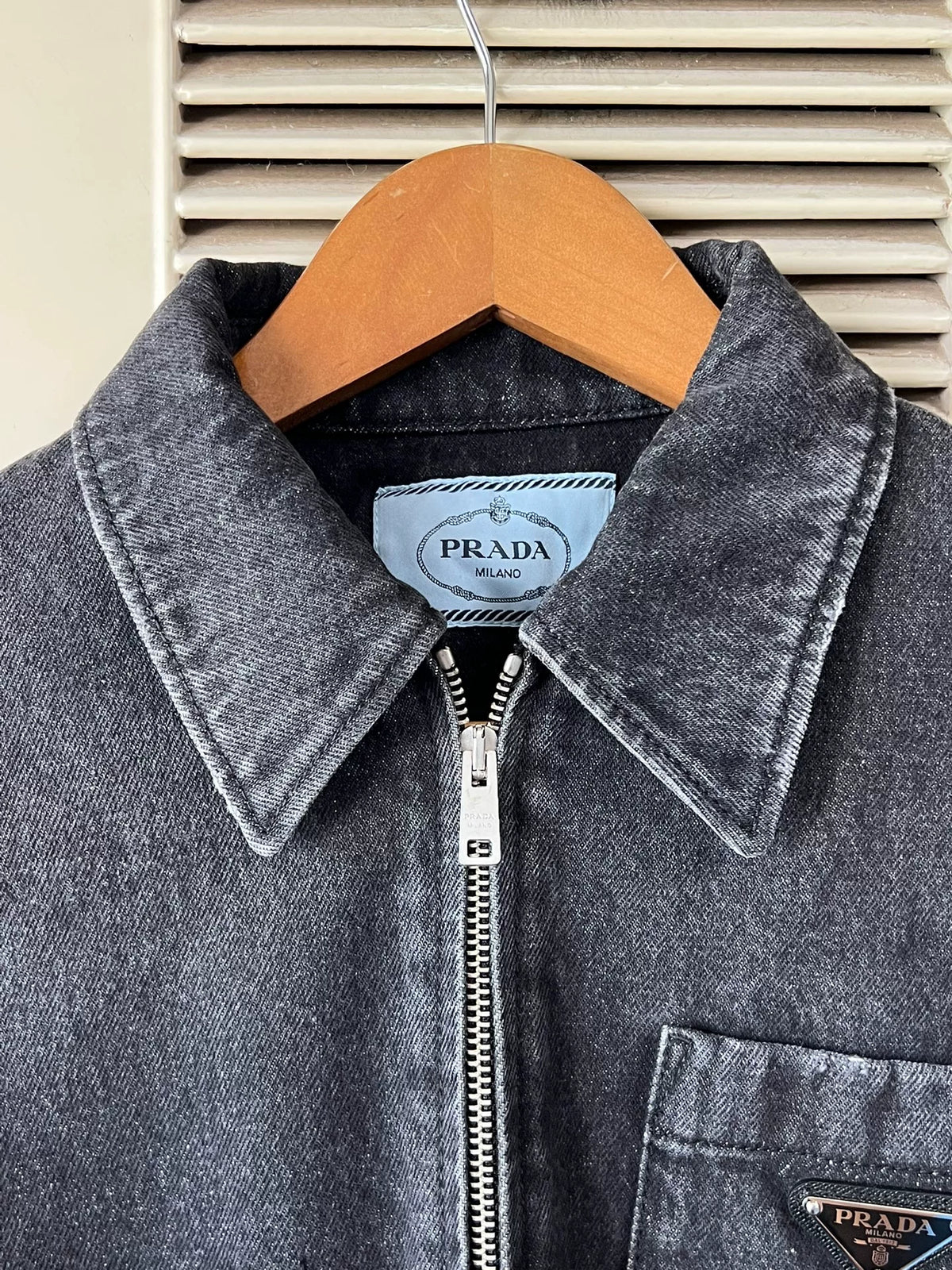 Prada Gray Denim Triangle Logo Jacket
