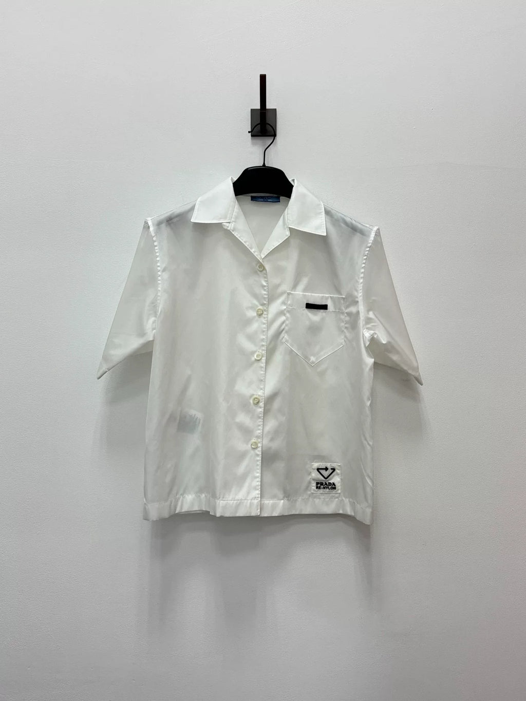 Prada SS21 White Inverted Triangle Logo Nylon Short-Sleeve Shirt