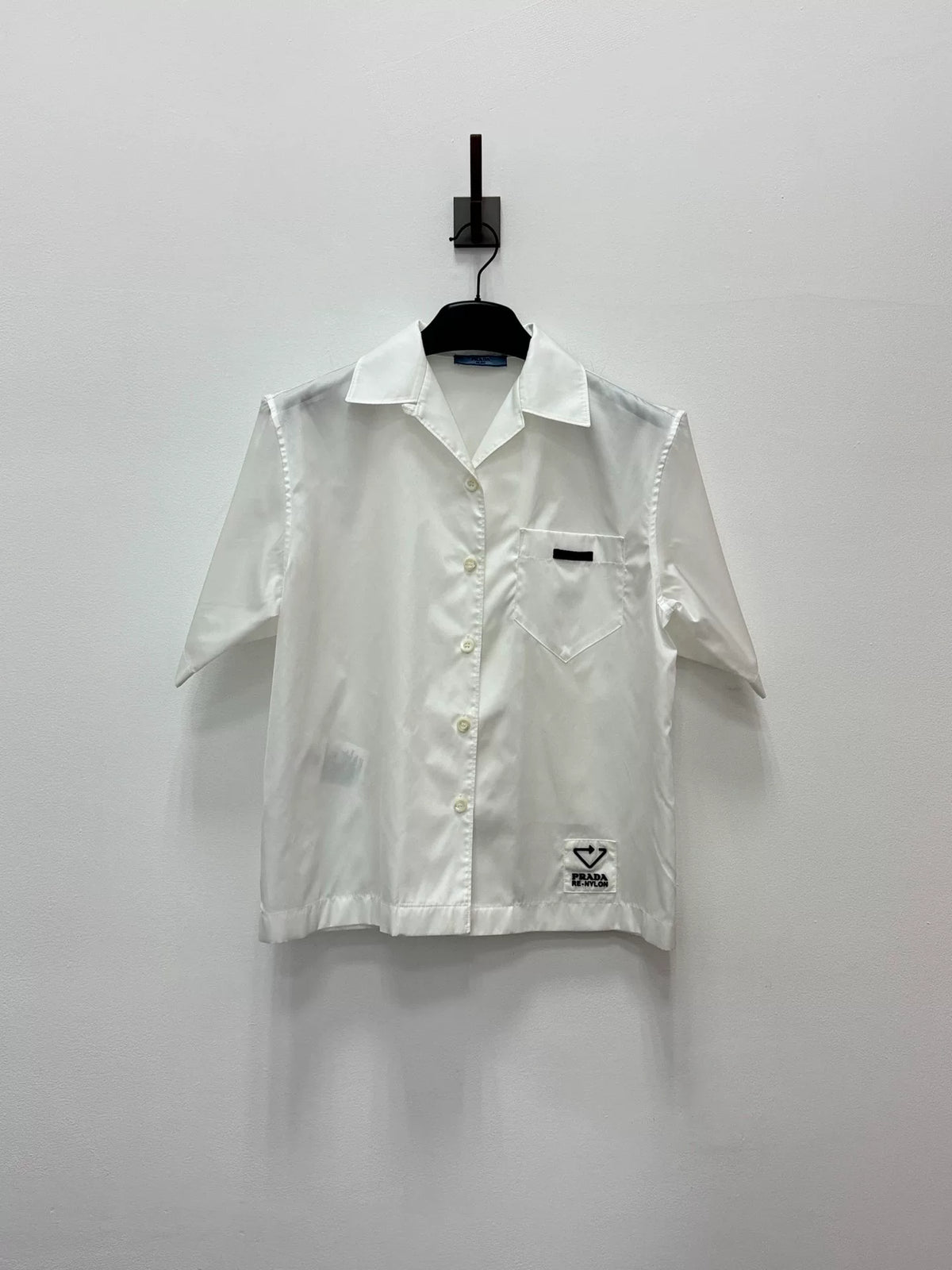 Prada SS21 White Inverted Triangle Logo Nylon Short-Sleeve Shirt