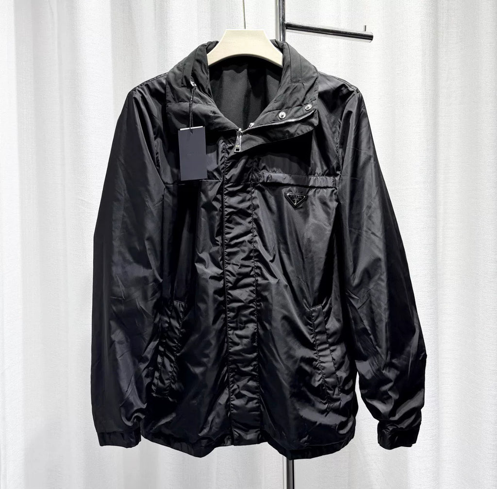 Prada Reversible Hat Metallic Triangle Logo Zip Black Jacket