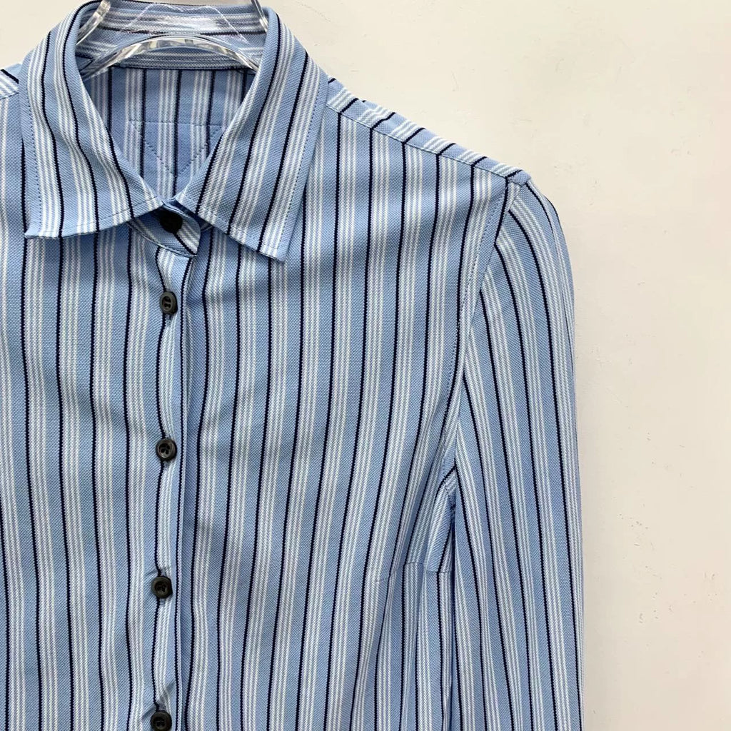 Prada Blue Vertical Stripe Collared Single-Breast Cotton Long-Sleeve Shirt