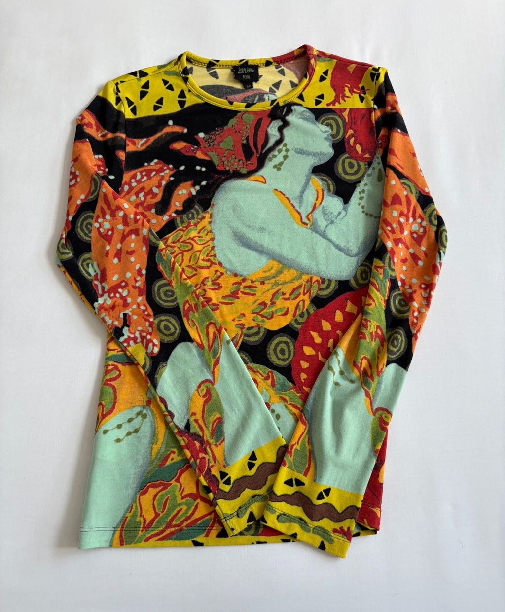 Jean Paul Gaultier Vintage Slim Print Long Sleeve Portrait Silk Top