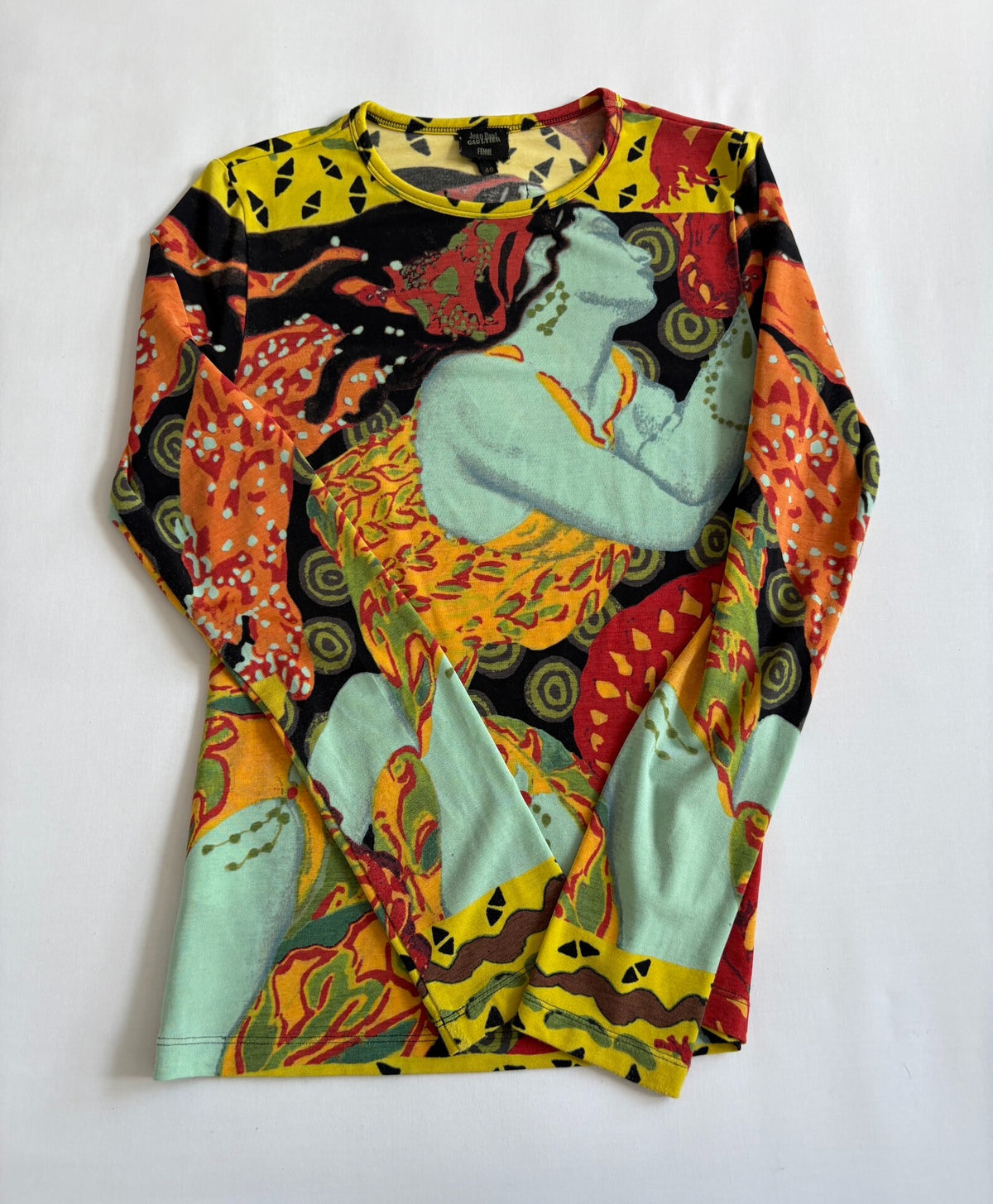 Jean Paul Gaultier Vintage Slim Print Long Sleeve Portrait Silk Top