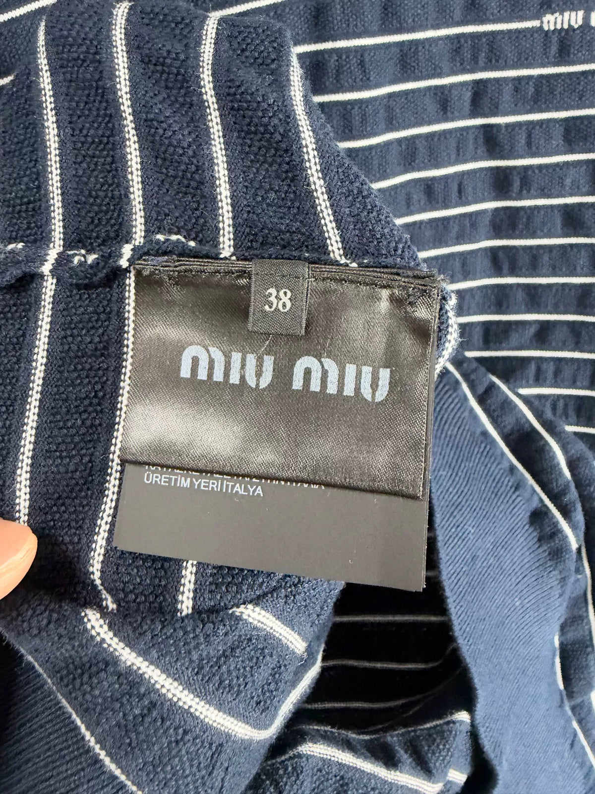 Miu Miu SS26 Navy Blue Collared Striped Knit Top