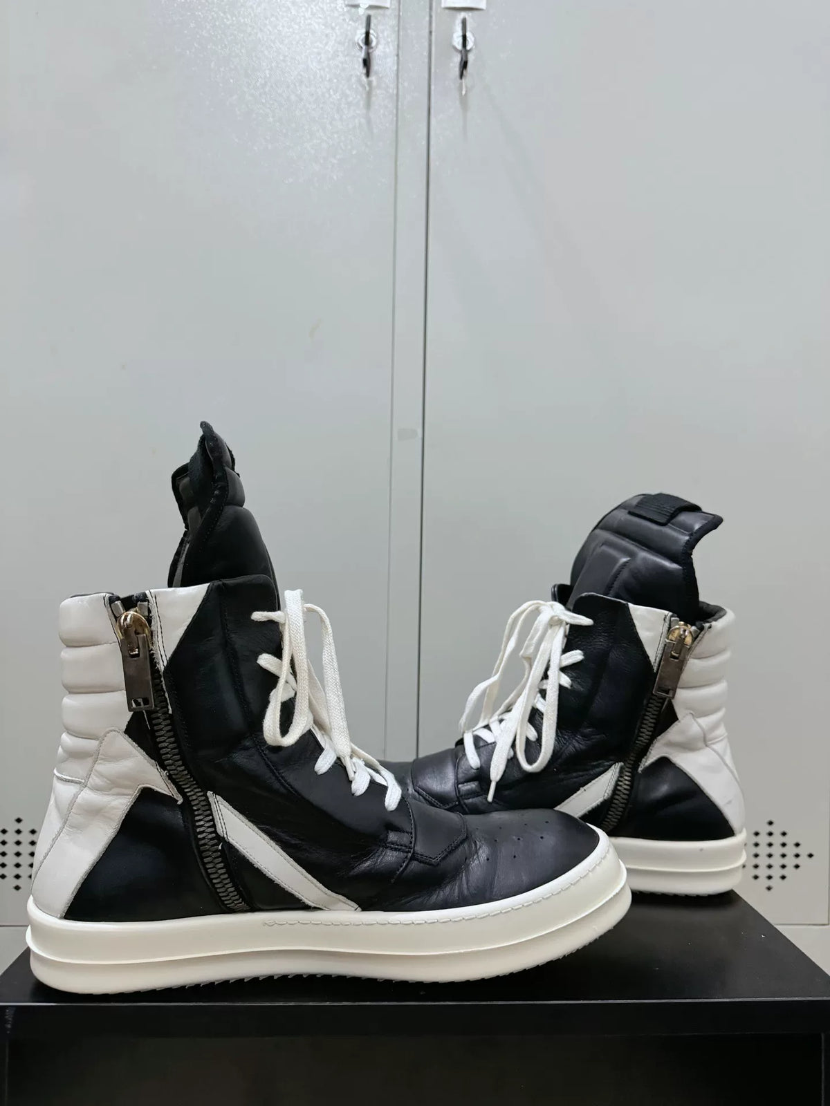 Rick Owens Black and White Inverted-Triangle Leather Sneakers