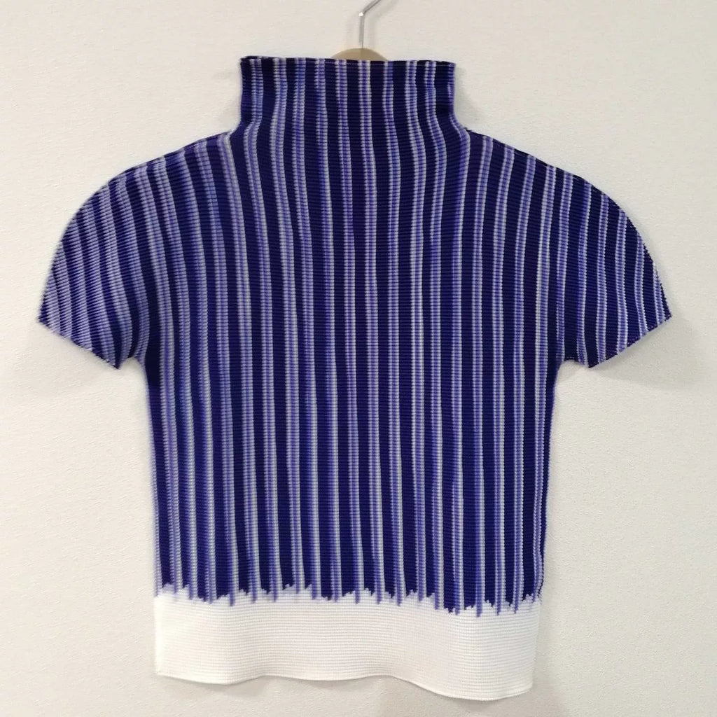 Issey Miyake Striped Pleated Short-Sleeve Top