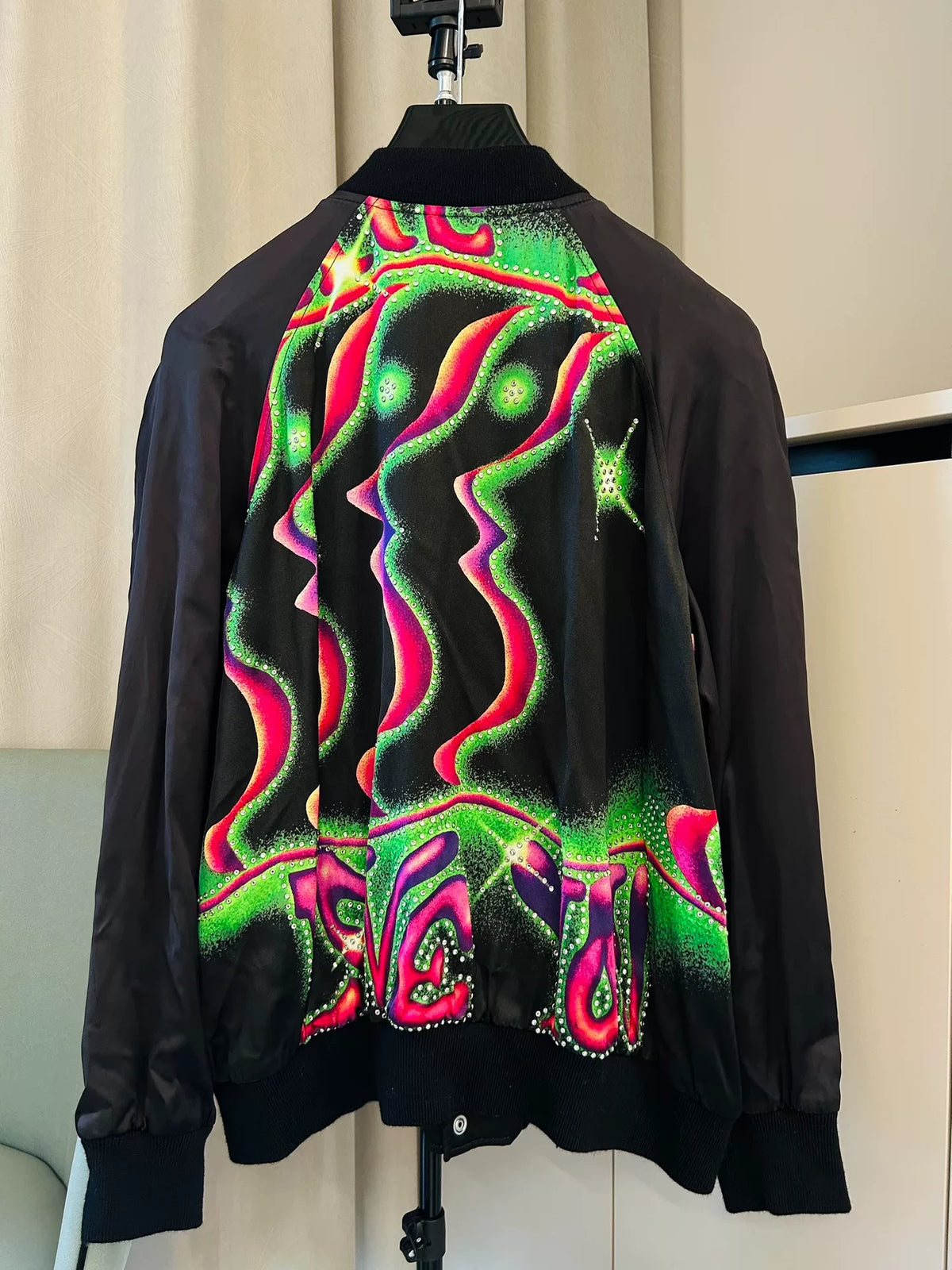 Celine Keith Richards saint Black Love Cyber Polka Dot Silk Baseball Jacket by Hedi Slimane